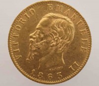 20 лир 1863г. Италия. Виктор Иммануил II , золото 0,900 ,вес 6,45гр,состояние XF - Мир монет