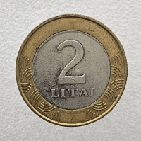 2 лита 2002г. Литва. биметалл,  состояние XF - Мир монет