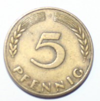 5 пфеннигов 1950г.  ФРГ. J,  состояние VF. - Мир монет