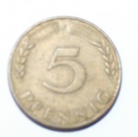 5 пфеннигов 1950г.  ФРГ. F,  состояние VF. - Мир монет