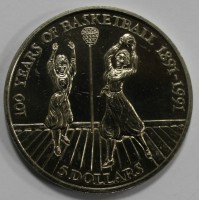  5 долларов 1991г.  Ниуэ.  100 лет баскетболу, гурт рифленый, никель, диаметр 39мм, состояние UNC - Мир монет