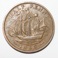 1/2 пенни 1958г. Великобритания, бронза, состояние XF. - Мир монет