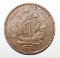 1/2 пенни 1962г. Великобритания, бронза, состояние XF. - Мир монет