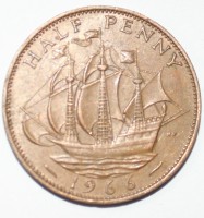 1/2 пенни 1966г. Великобритания, бронза, состояние XF. - Мир монет