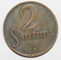 2 сантима 1922г. Латвия, бронза,состояние VF. - Мир монет