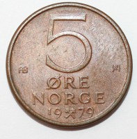 5 эре 1979г. Норвегия, Лев,  бронза,состояние ХF - Мир монет