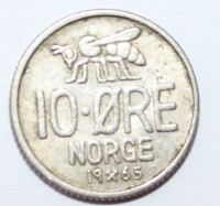 10 эре 1965г. Норвегия, Пчела, никель,состояние ХF - Мир монет