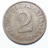 2 сента 1934г. Эстония.  бронза, состояние UNC. - Мир монет