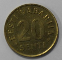 20 сентов 1992г.  Эстония. латунь,состояние AU. - Мир монет