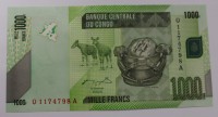 Банкнота  1000 франков 2005г. Конго. Попугай, состояние UNC. - Мир монет