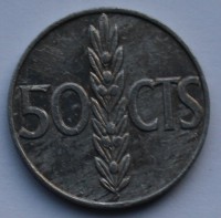 50 сентимо 1966г. Франсиско Франко, алюминий, состояние XF - Мир монет