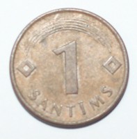 1 сантим 1997г. Латвия, сталь с медным покрытием, состояние VF. - Мир монет
