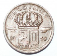 20 сантимов 1959г. Бельгия, бронза, состояние ХF - Мир монет
