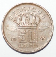 50 сантимов  1955г. Бельгия, бронза, состояние VF+. - Мир монет