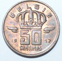 50 сантимов  1957г. Бельгия, бронза, состояние ХF. - Мир монет