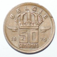 50 сантимов  1974г. Бельгия, бронза, состояние VF. - Мир монет