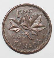 1 цент 1963г. Канада, бронза, состояние VF. - Мир монет