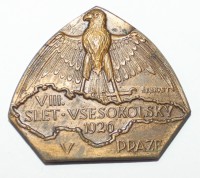 Знак Всесокольского слета в Праге. 1926г. "Чешский сокол", бронза, состояние XF - Мир монет