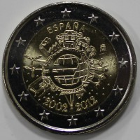 2 евро 2012г. Испания. 10 лет наличному евро,состояние UNC - Мир монет