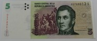  Банкнота 5 песо 1998г. Аргентина, Хосе Сан -Мартин, состояние UNC. - Мир монет