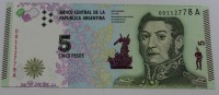  Банкнота  5 песо 2015г.  Аргентина, Хосе Сан-Мартин, состояние UNC. - Мир монет