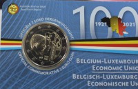 2 евро 2021г. Бельгия. 100 лет Бельгийско-Люксембургскому экономическому союзу, в коинкатре. - Мир монет