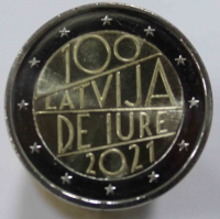 2 евро 2021г. Латвия. 100 лет признания Латвии де-юрэ, состояние UNC - Мир монет