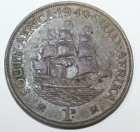 1 цент 1949г. Британская Южная Африка. Георг VI.  Парусный корабль Дромедарис, состояние XF-UNC - Мир монет