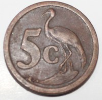 5 центов 1969г. ЮАР, Цапля, состояние VF - Мир монет