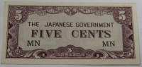 Банкнота  5 центов  1942г. Малайя. Оккупация Японией, состояние XF. - Мир монет