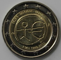  2 евро 2009г. Бельгия.  10 лет монетарной политике и введению евро, биметалл, состояние UNC - Мир монет