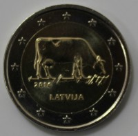 2 евро 2016г. Латвия. Корова , состояние UNC - Мир монет