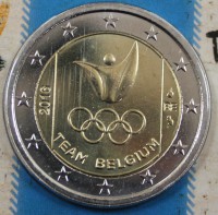  2 евро 2016г. Бельгия. Олимпийская сборная Бельгии, биметалл, монета в коин-карте. - Мир монет