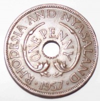 1 пенни 1957г. Родезия и Ньяселэнд , Елизавета II.  состояние  UNC. - Мир монет