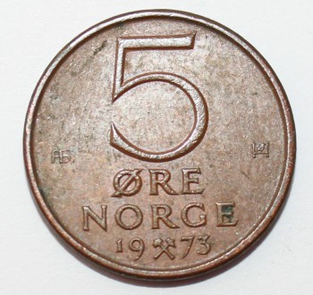 5 эре 1973г. Норвегия, Лев,  бронза,состояние VF - Мир монет