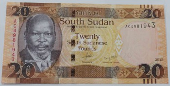 Банкнота  20 фунтов 2015г. Южный Судан,состояние UNC. - Мир монет