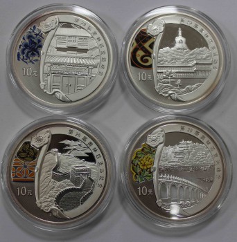 Набор из 4-х монет 2008г. Китай. Символы Олимпиады в Пекине 2008, чистого серебра 4 унции(124,4гр) , пруф, монеты цветные, в родной коробке с сертификатами подлинности. - Мир монет