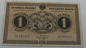 Банкнота  1 марка 1916г. Российская империя. Для Финляндии, состояние VF+. - Мир монет