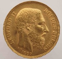 20 франков 1867г. Бельгия. Леопольд II,  золото 0,900 , вес 6,45гр,состояние VF-XF - Мир монет