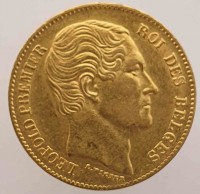 20 франков 1865г. Бельгия. Леопольд I,  золото 0,900, вес 6,45,состояние XF - Мир монет