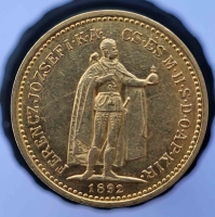 10 корон 1892г. Венгерское королевство. Франц Иосиф. Юбилей,золото 0,900,вес 3,23грамма,состояние XF - Мир монет