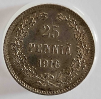 25 пенни 1916 г. S. Николай II. Для Финляндии, серебро 0,750, вес 1,27г, состояние UNC - Мир монет
