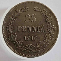 25 пенни 1916 г S. Николай II. Для Финляндии, серебро 0,750,вес 1,27г,состояние  VF-XF - Мир монет