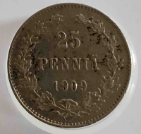 25 пенни 1909 г  L. Николай II. Для Финляндии, серебро 0,750, состояние  XF - Мир монет