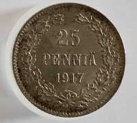 25 пенни 1917 г  S. Николай II. Для Финляндии,  с короной, серебро 0,750,вес 1,27,состояние UNC - Мир монет