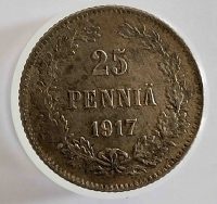 25 пенни 1917 г  S. Временное правительство. Для Финляндии, без короны, серебро 0,750,вес 1,27г,состояние AU - Мир монет