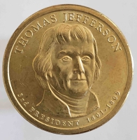 1 доллар 2007г.  США.  Р .  Томас Джефферсон(1801-1809), 3-й президент, состояние UNC. - Мир монет