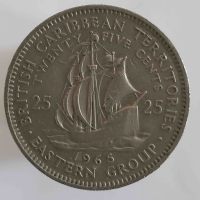 25 центов 1955-1965г.г. Восточные Британские Карибские территории. Галеон "Золотая лань", состояние XF - Мир монет