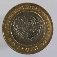 5 малоти 1995г. Лесото .50 лет ООН,  биметалл,  состояние UNC - Мир монет