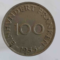 100 франков 1955г. Саар(Саарланд), состояние VF-XF. - Мир монет